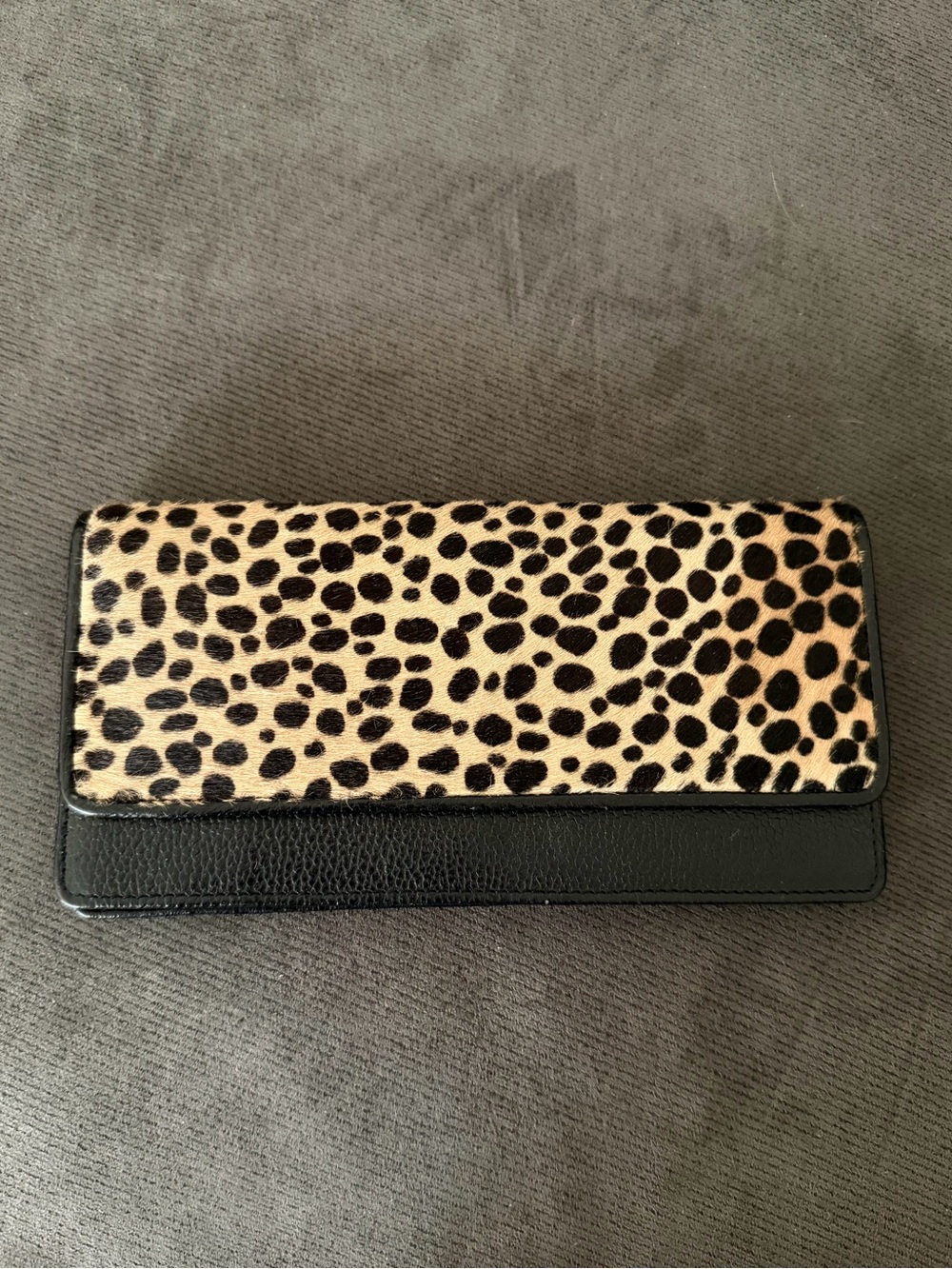 Tusk Leather Cheetah Print Flap Wallet Clutch - Black and Cream with Red